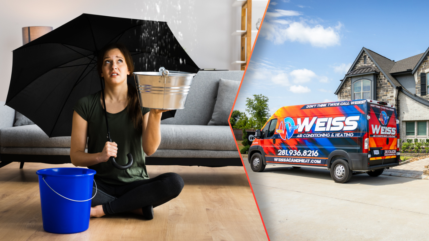 AC leaking water problem inside home with woman catching drip in bucket, and Weiss Air Conditioning & Heating service van ready for repair outside