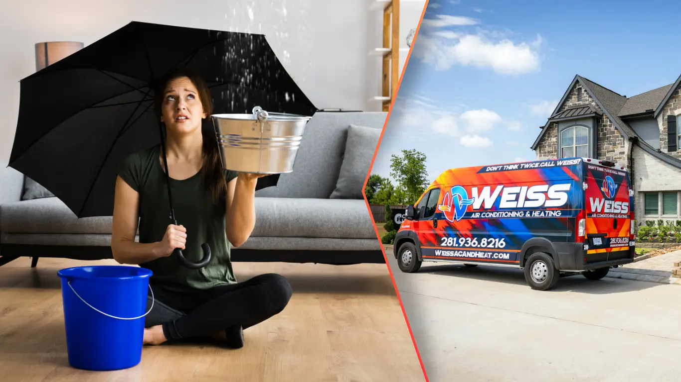 AC leaking water problem inside home with woman catching drip in bucket, and Weiss Air Conditioning & Heating service van ready for repair outside
