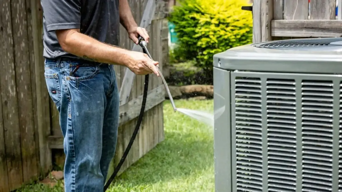 Weiss AC & Plumbing tech spraying down a unit during a maintenance visit.