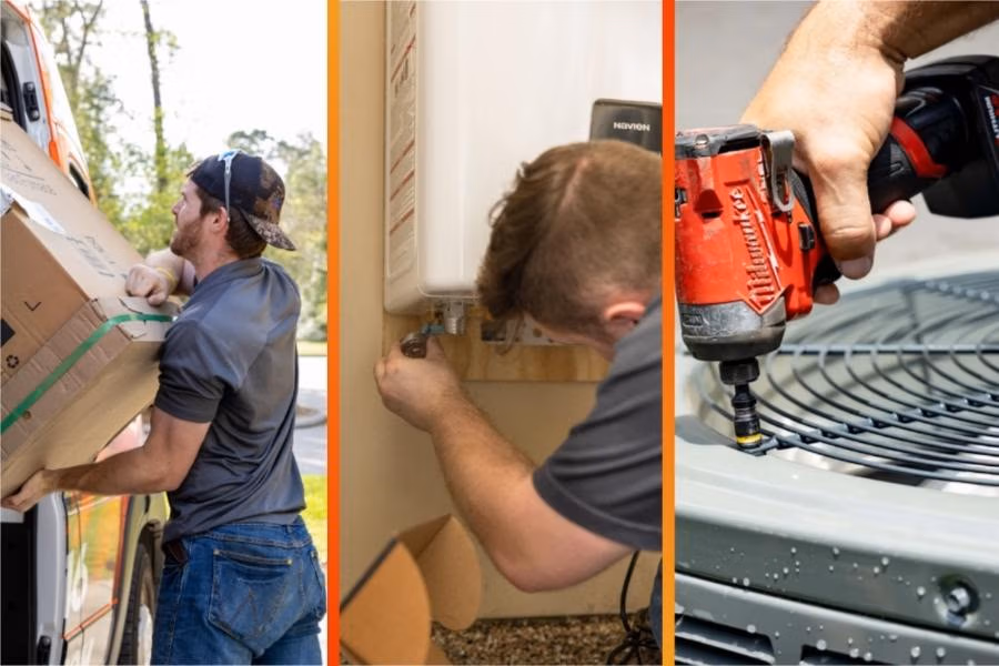 A three-part service collage from Weiss Air Conditioning & Plumbing: the left panel shows a technician unloading equipment from a service van; the center panel features a technician installing a tankless water heater; the right panel shows a technician using a power drill to repair an outdoor AC condenser unit.