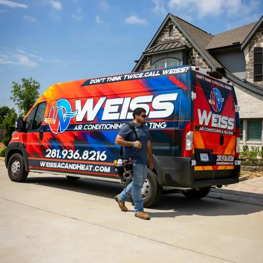 A branded Weiss Air Conditioning & Plumbing service van parked at a residential home in Conroe while a technician walks toward the property for an HVAC service call.