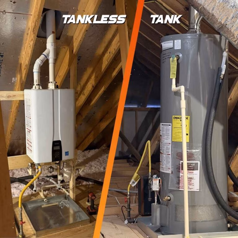 Comparison of tankless vs. traditional water heater installed in a Montgomery, TX attic.