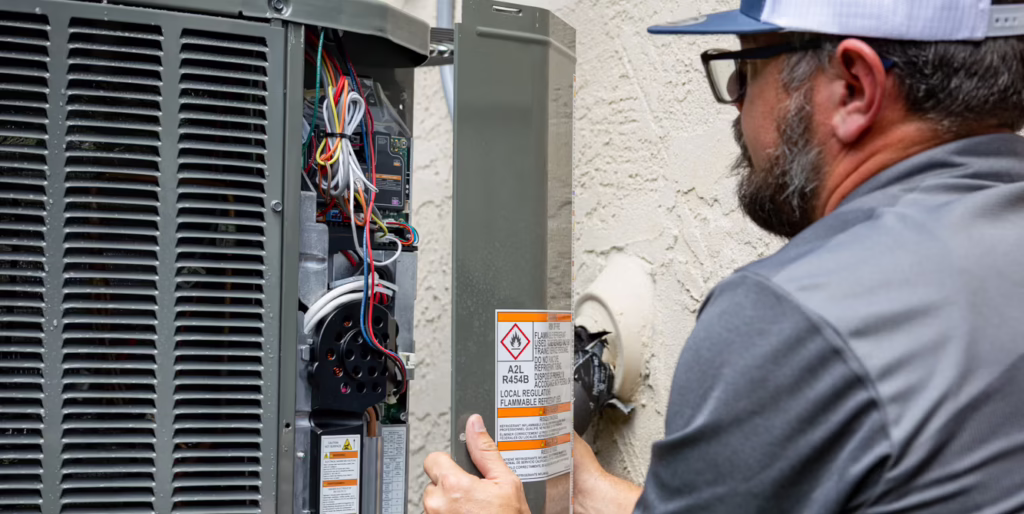 Professional HVAC technician performing AC repair and maintenance on an outdoor air conditioning unit in Conroe, TX.