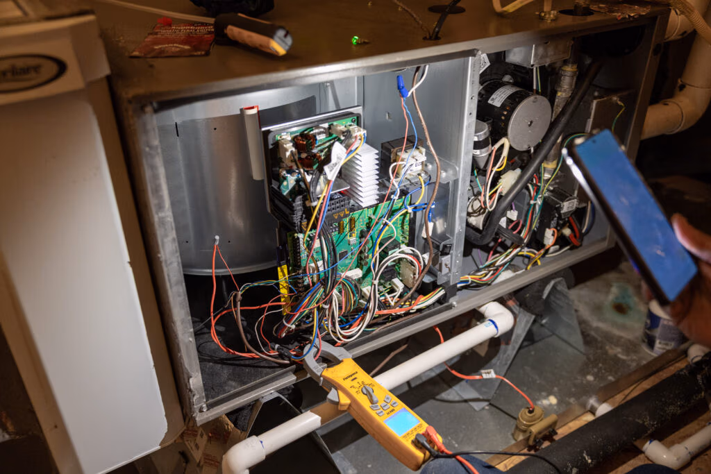 HVAC technician testing control board wiring during fall maintenance in The Woodlands, TX