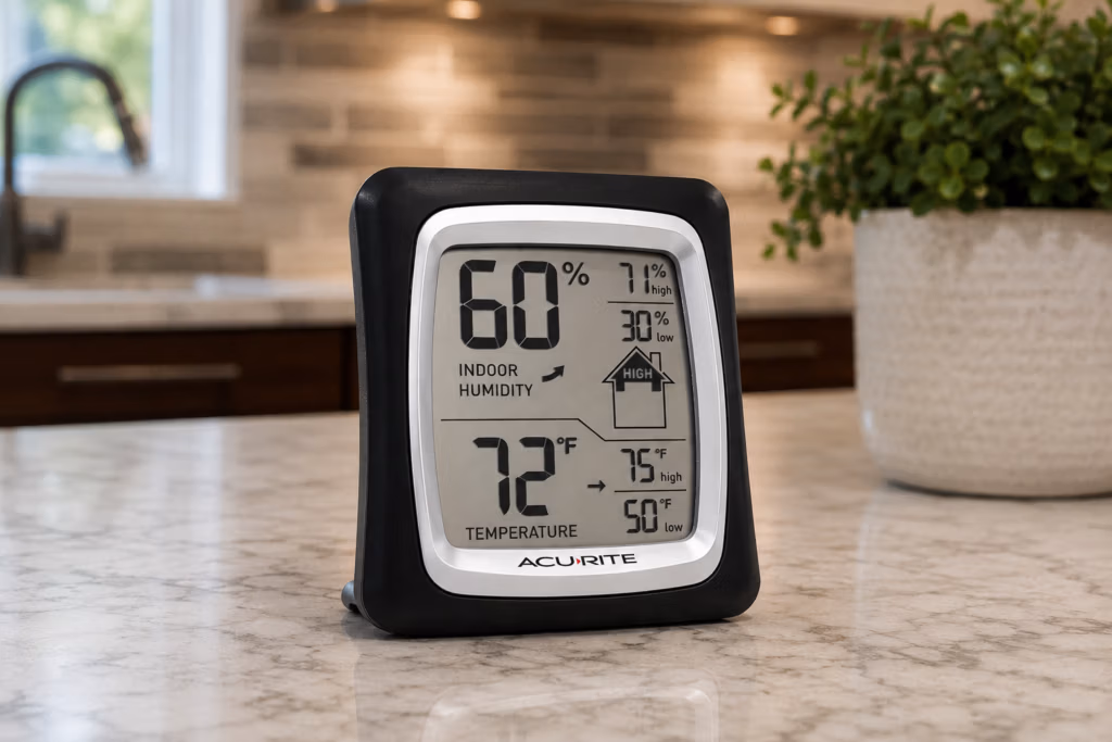 Digital humidity gauge showing high indoor humidity levels in a Conroe, TX home with the AC running.