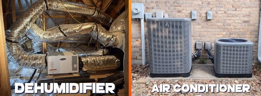 A dehumidifier beside an air conditioner.